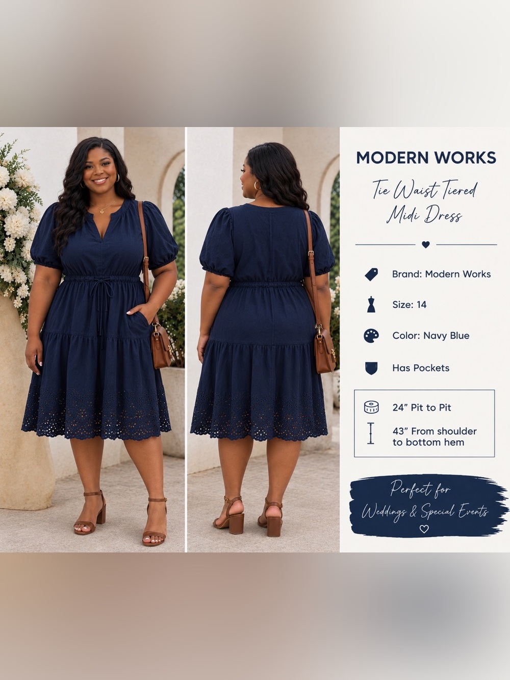 Modern Works Navy Tie-Waist Tiered Eyelet Hem Dress With Pockets Sz 2X